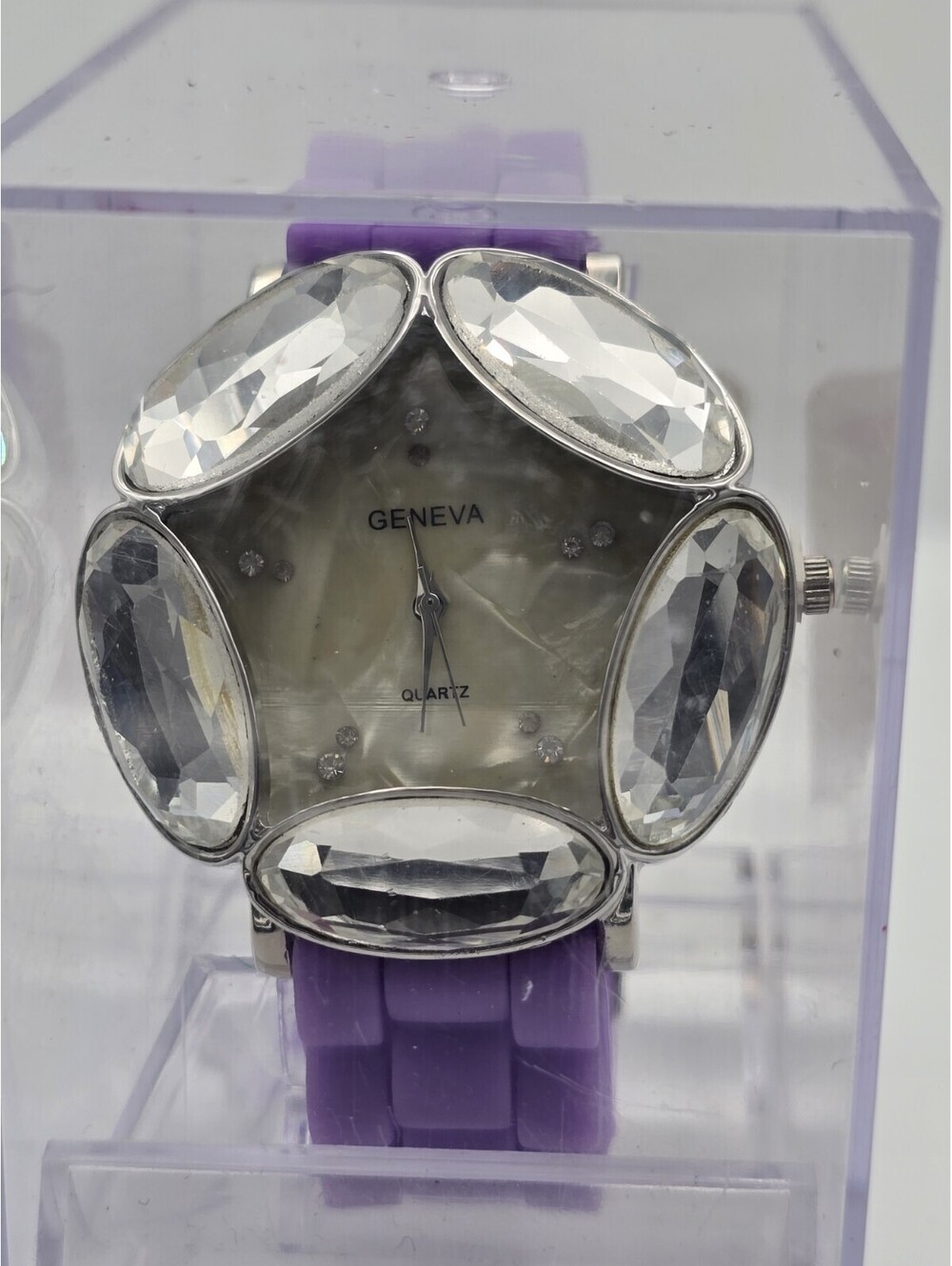 Geneva Ladies Crystal Gem Face Watch Purple Silicone Strap Pearlescent Dial
